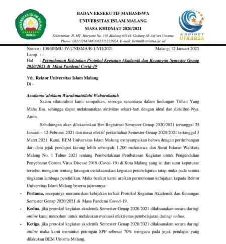 Mahasiswa Unisma Malang Desak Rektor Keluarkan Kebijakan Pembelajaran Semester Genap