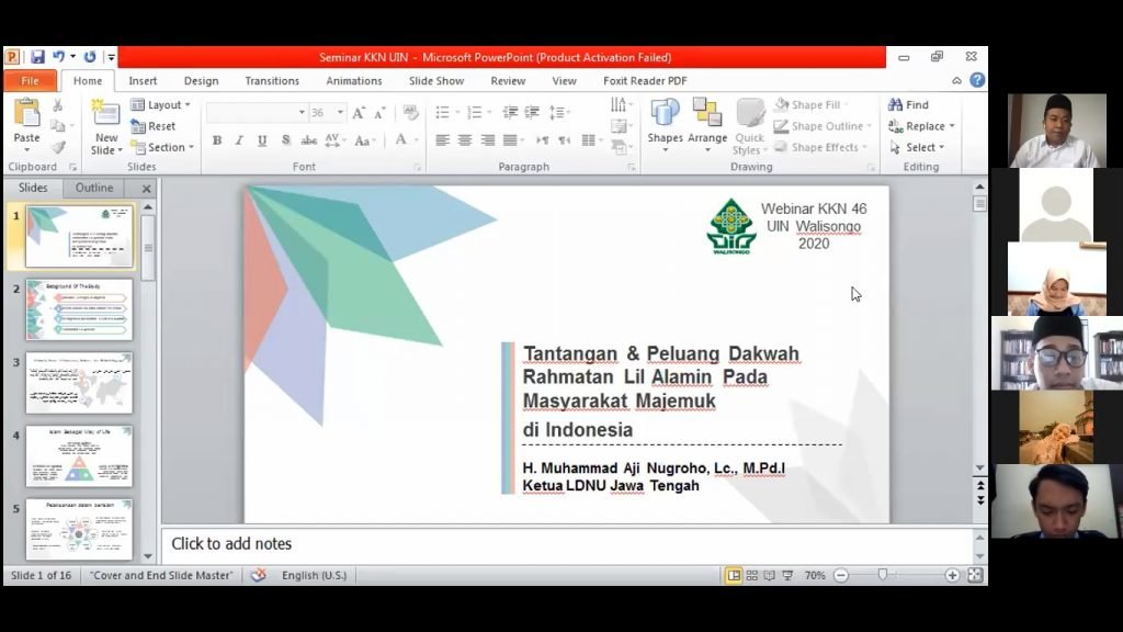 Tantangan dan Peluang Dakwah Rahmatan Lil Allamin Mahasiswa KKN UIN Walisongo adakan diskusi online (Webinar) secara virtual memulai zoom meeting