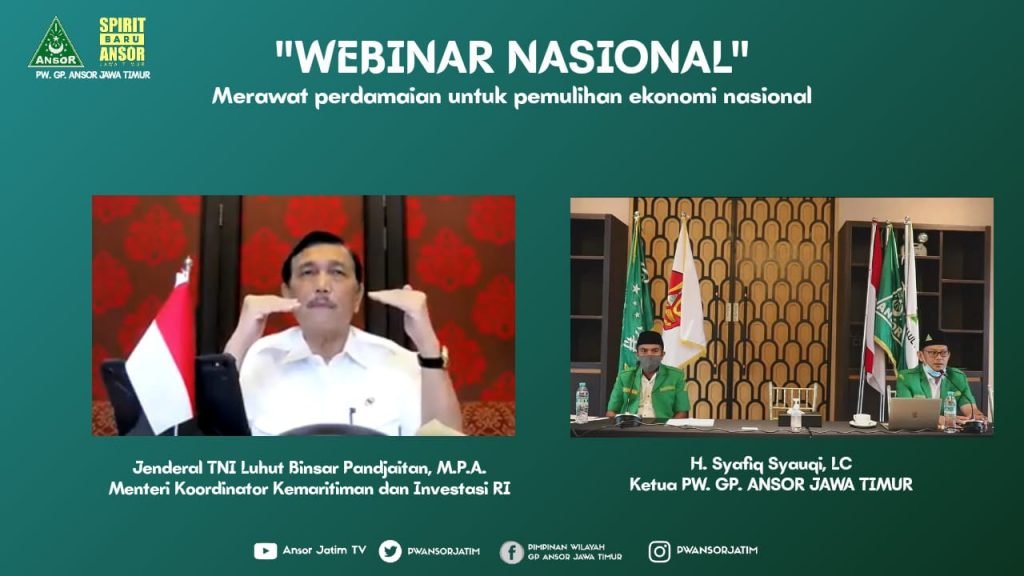 Bersama Luhut Binsar Pandjaitan, Ansor Jatim Gelar Forum Strategis Pimpinan Wilayah Gerakan Pemuda Ansor Jawa Timur menggelar forum strategis bersama Menteri Koordinator Kemaritiman dan Investasi Jenderal TNI (Purn) Luhut Binsar Pandjaitan dan Gubernur Jawa Timur Khofifah Indar Parawansa