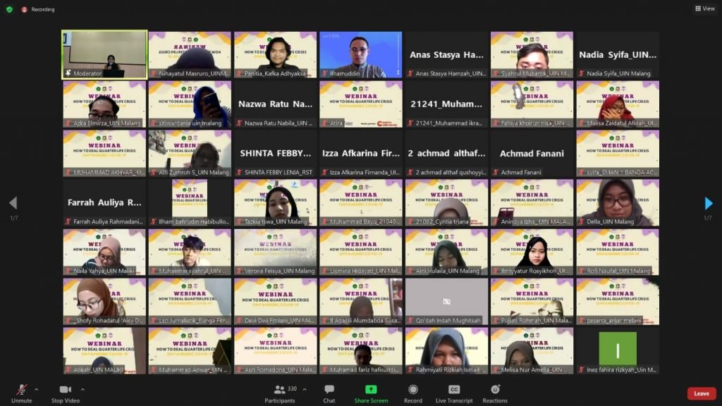 Memahami Quarter Life Crisis dan Cara Menghadapinya Webinar "How to Deal Quarter Life Crisis on Pandemic Covid-19" yang dilaksanakan oleh Dewan Eksekutif Mahasiswa Fakultas Psikologi Universitas Islam Negeri Maulana Malik Ibrahim Malang