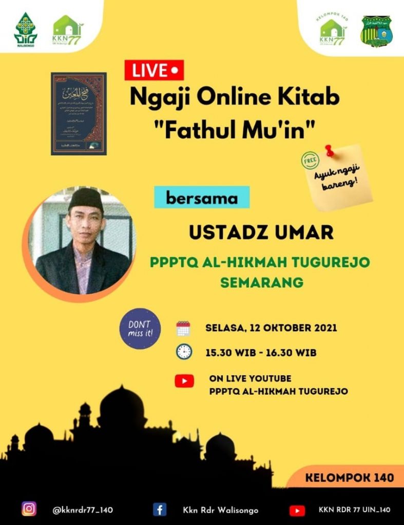 Ngaji Online Kitab Fathul Mu’in, KKN RDR 77 UIN Walisongo Poster ngaji online kitab Fathul Muin