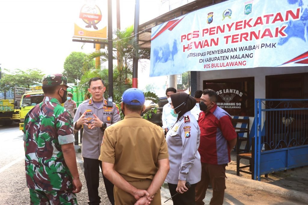 Antisipasi Penyebaran PMK, Kapolres Malang Tinjau Mobilitas Hewan Ternak Kapolres Malang, AKBP Ferli Hidayat cek langsung Pos Penyekatan Hewan Ternak Antisipasi Penyebaran PMK di Wilayah Kabupaten Malang.