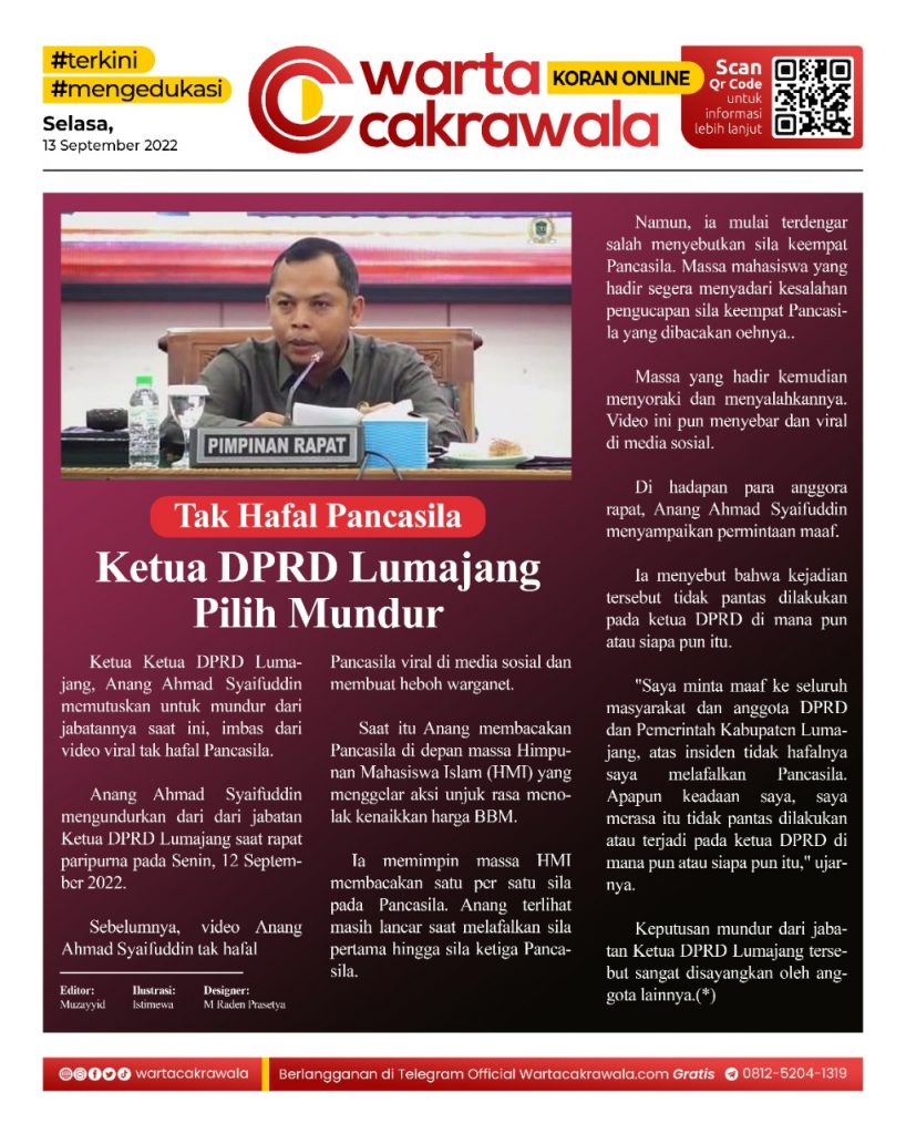 Koran Online: Tak Hafal Pancasila, Ketua DPRD Lumajang Pilih Mundur Koran online edisi Selasa 13 Agustus 2022