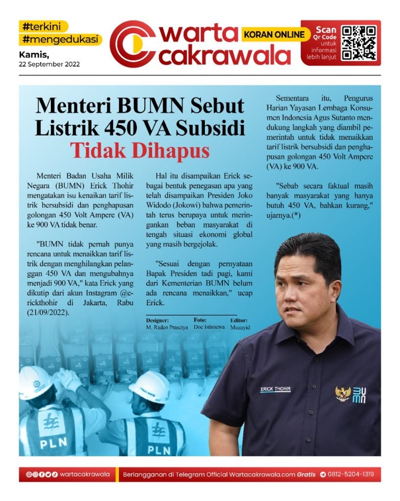 Koran Online: Menteri BUMN Sebut Listrik 450 VA Subsidi Tidak Dihapus Koran online edisi Kamis 22 September 2022