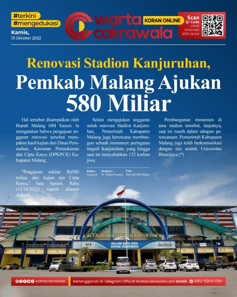 Koran Online: Renovasi Stadion Kanjuruhan, Pemkab Malang Ajukan 580 Miliar Koran online edisi Kamis 13 Oktober 2022. Renovasi Stadion Kanjuruhan, Pemkab Malang Ajukan 580 Miliar