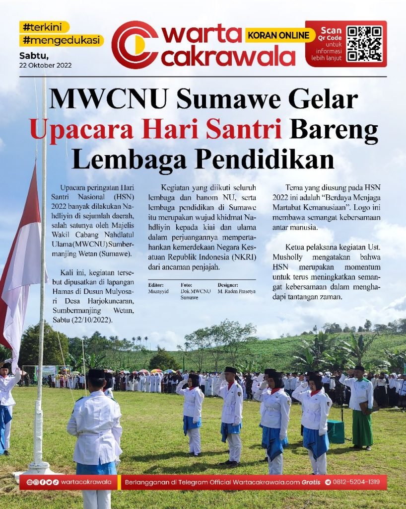 Koran Online: MWCNU Sumawe Gelar Upacara Hari Santri Bareng Lembaga Pendidikan Koran online edisi Sabtu 22 Oktober 2022. MWCNU Sumawe Gelar Upacara Hari Santri Bareng Lembaga Pendidikan