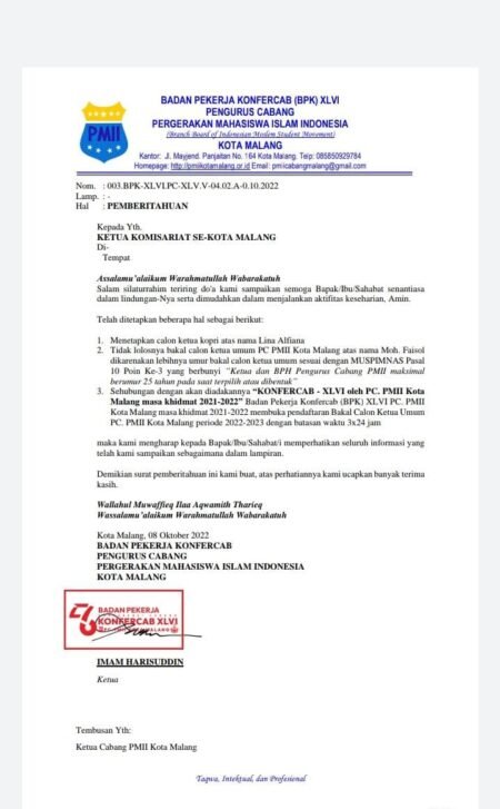 Ketua Badan Pekerja Konfercab ( BPK) PMII KOTA MALANG Menegaskan Bahwa BPK Sudah Sesuai Aturan pemberitahuan surat edaran untuk komisariat PMII Kota malang