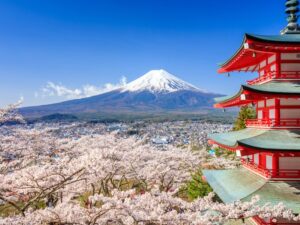 Mount Fuji and cherry blossoms in Japan with a traditional pagoda.